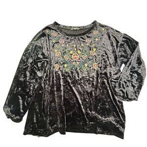 Oddy Crushed Velvet Embroidered Top Women Large Purple Boho